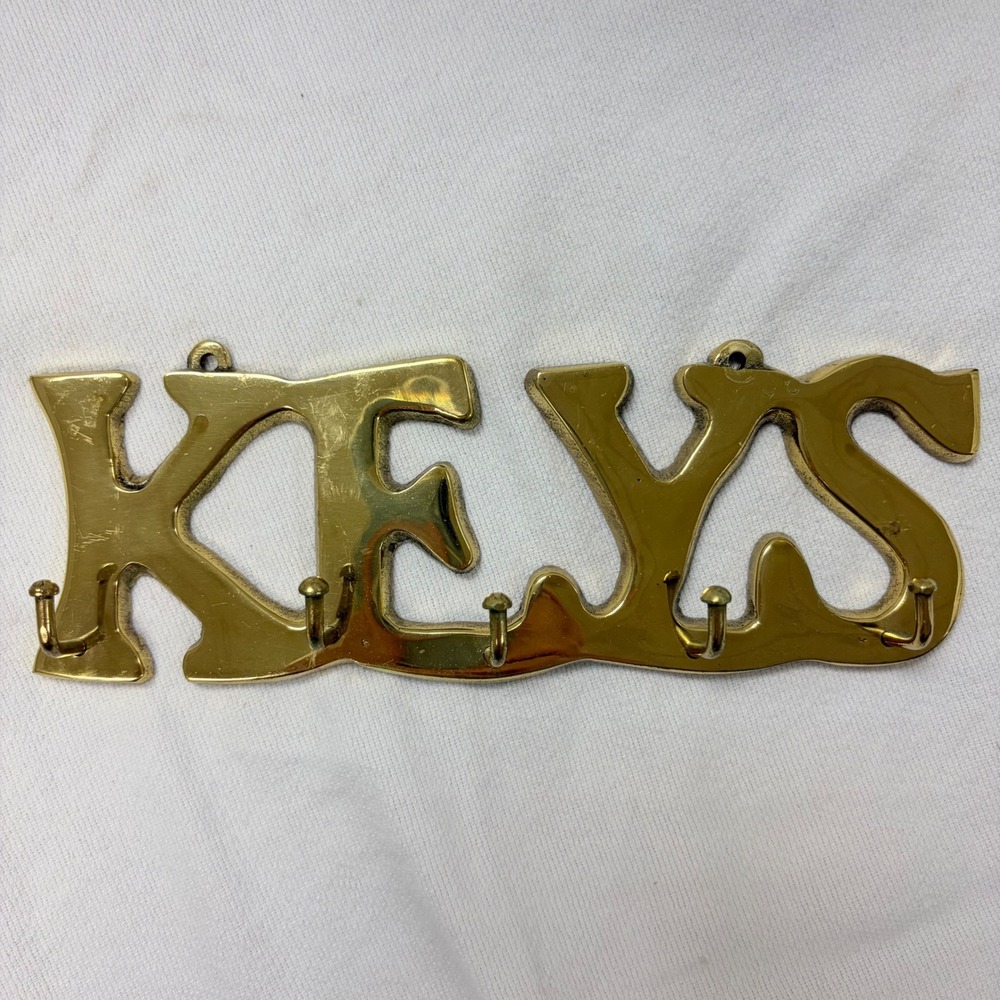 Vintage Solid Brass KEYS Wall Mounted Key Rack Holder 5 Hooks Gold Tone 7.5 Inch